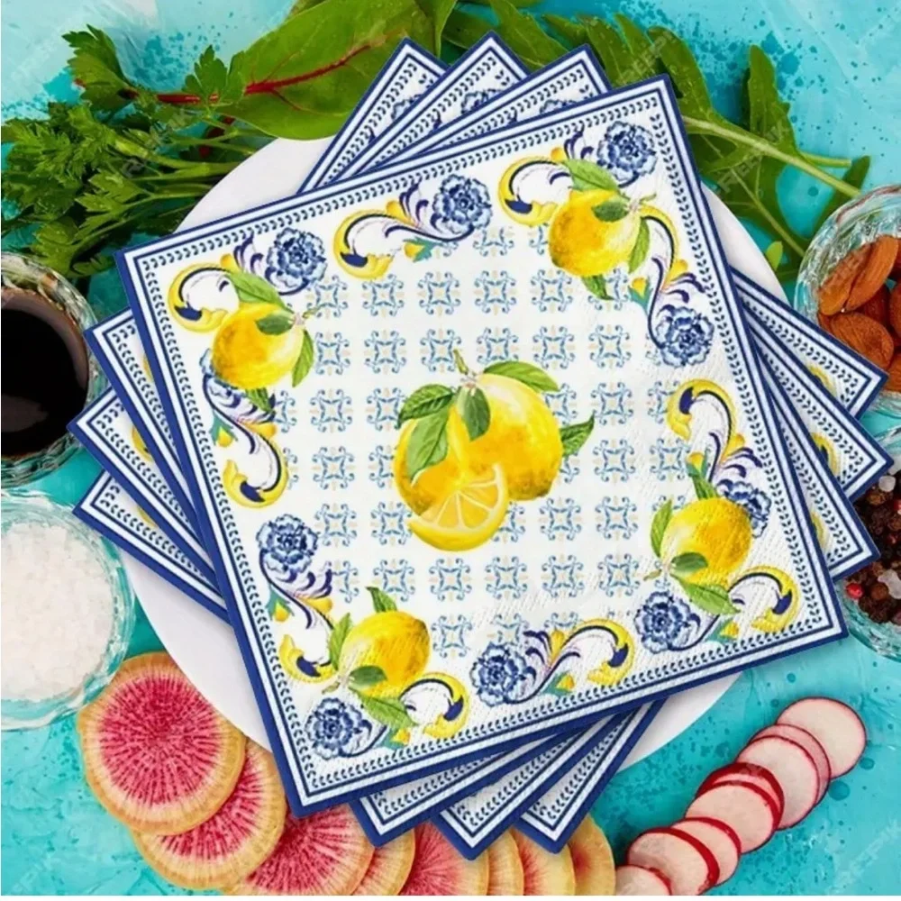 Blue and Yellow Capri Lemon Party Luncheon Paper Napkins, 20 ct